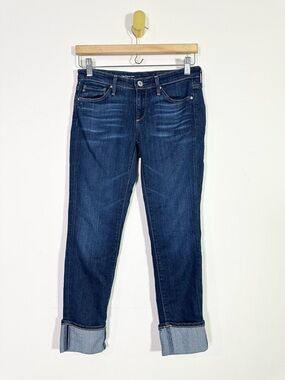 AG Adriano Goldschmied Anthropologie The Stevie Cuffed Slim Straight Blue Jeans